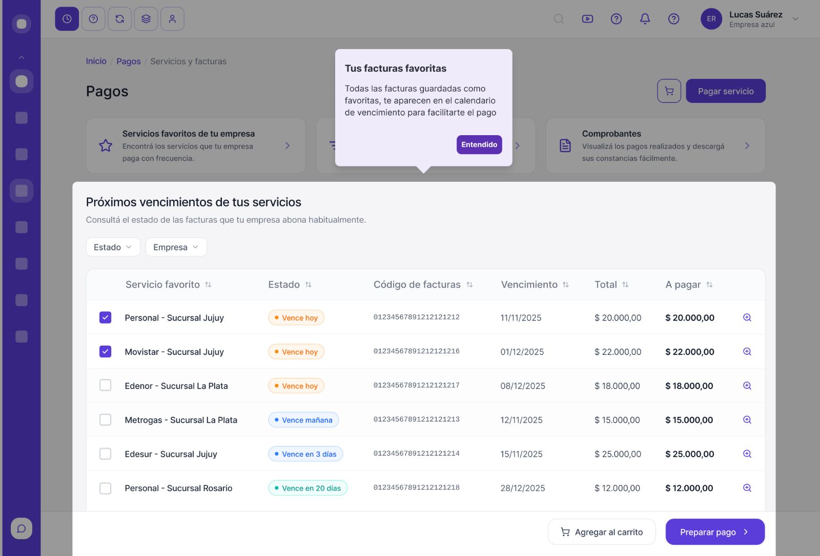 Contextual message · 'Tus facturas favoritas' tooltip on the Pagos sub-home, pointing to the next-due-dates table and explaining how favourited invoices auto-appear in the calendar.