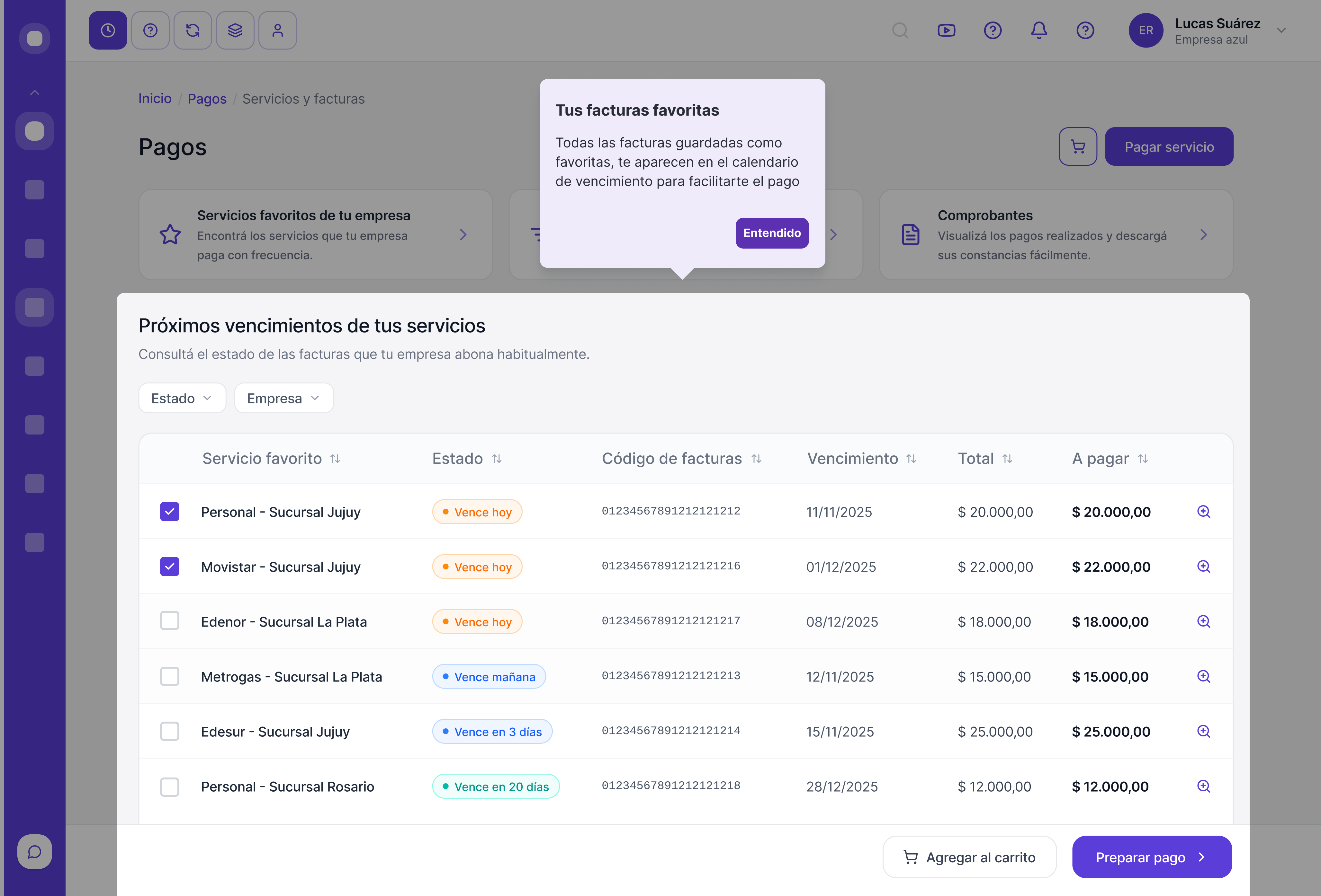 Contextual message · 'Tus facturas favoritas' tooltip on the Pagos sub-home, pointing to the next-due-dates table and explaining how favourited invoices auto-appear in the calendar.