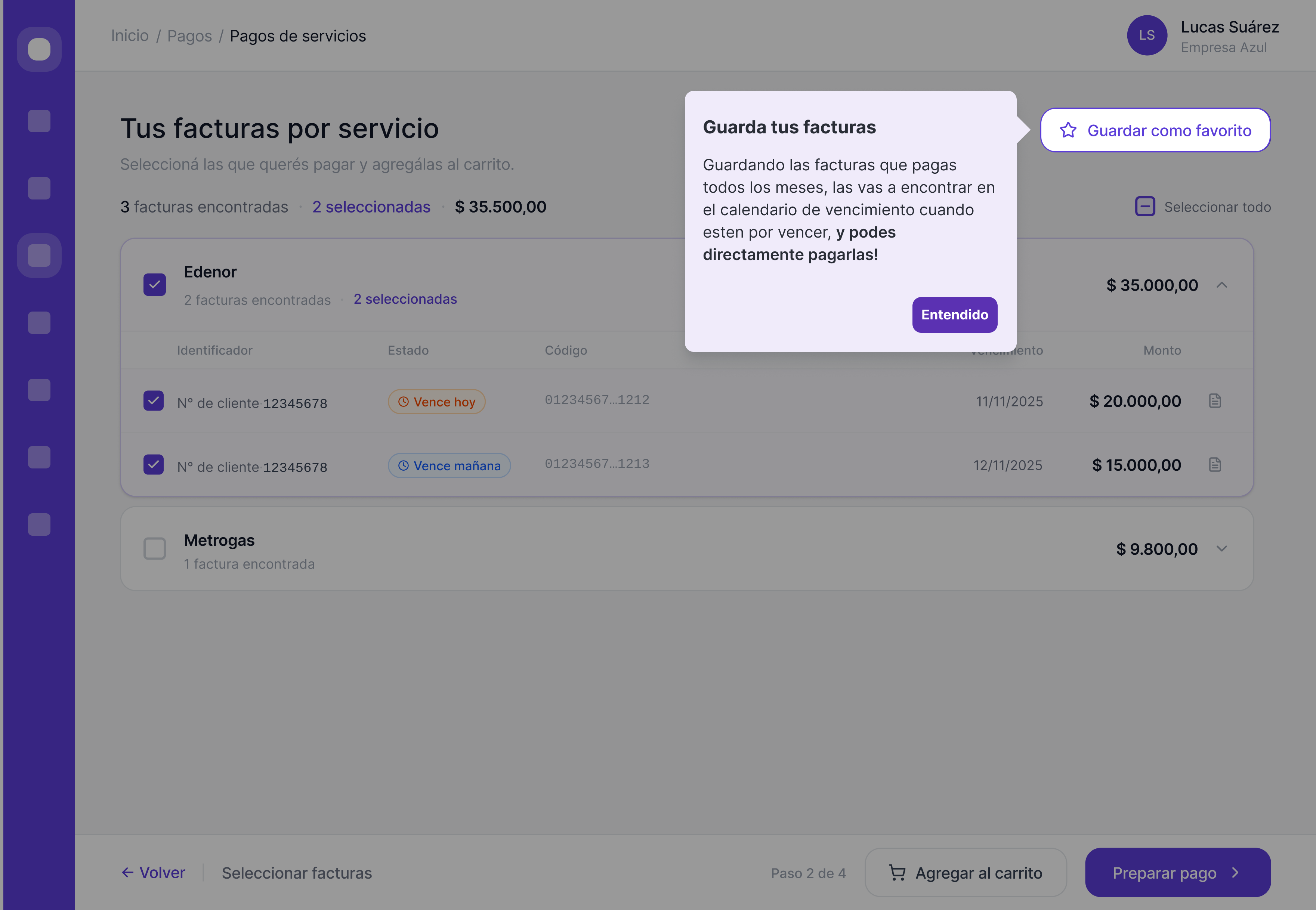 Educational wizard · 'Guarda tus facturas' tooltip pointing to Guardar como favorito button on the invoice selection screen, explaining how saving makes invoices appear automatically next month.