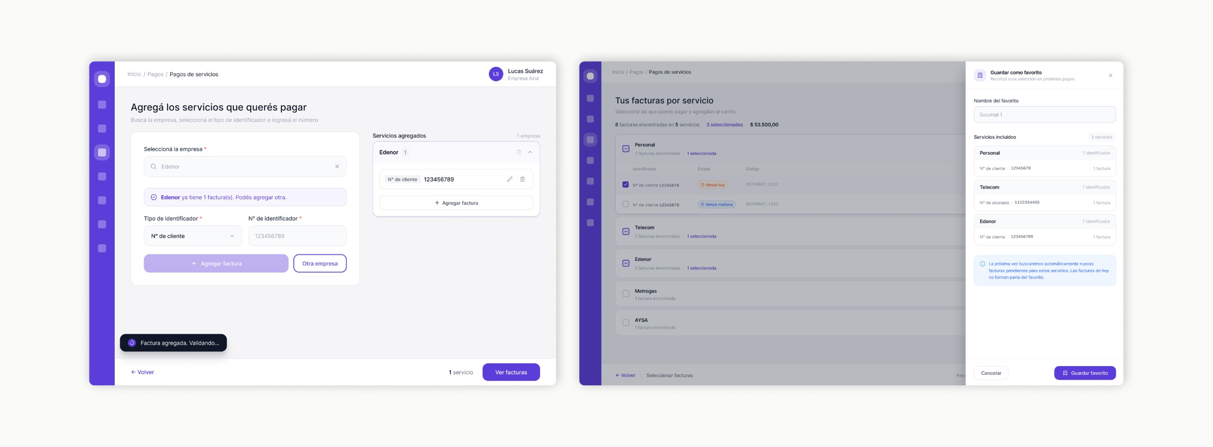 Interbanking · redesigned bulk payment flow · two desktop screens showing service-add panel, multi-invoice table, and save-as-favorite drawer.
