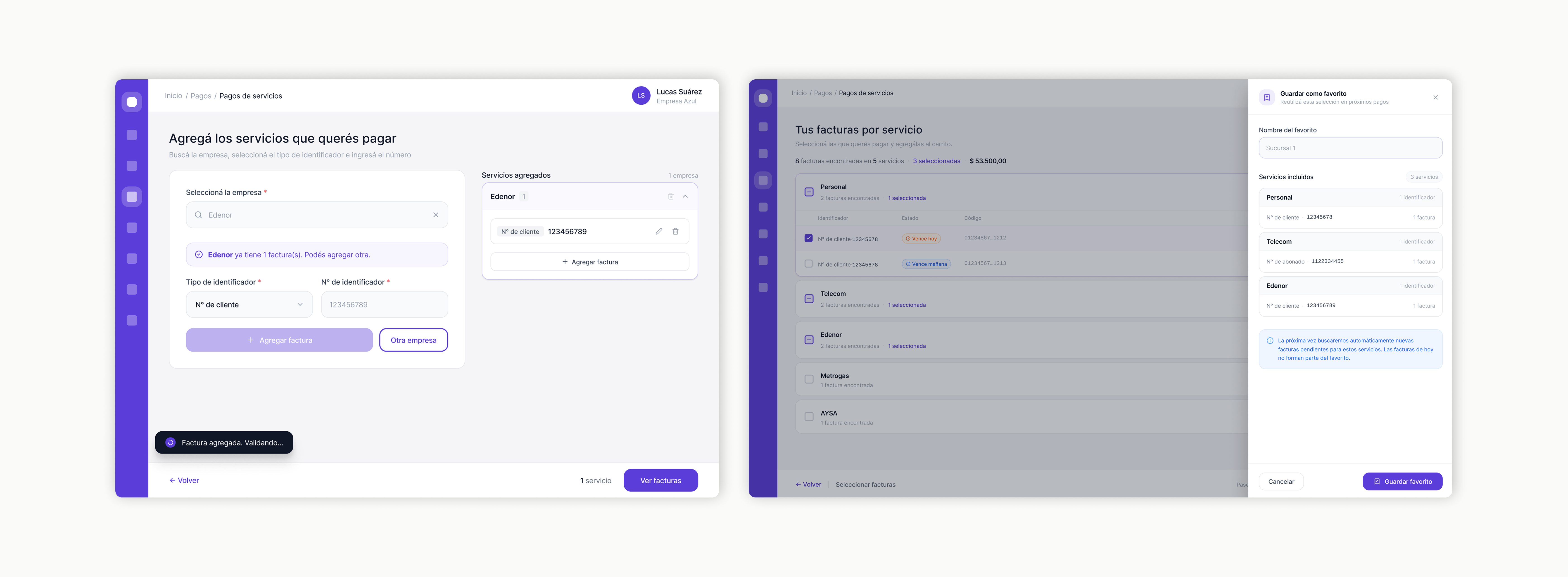 Interbanking · redesigned bulk payment flow · two desktop screens showing service-add panel, multi-invoice table, and save-as-favorite drawer.