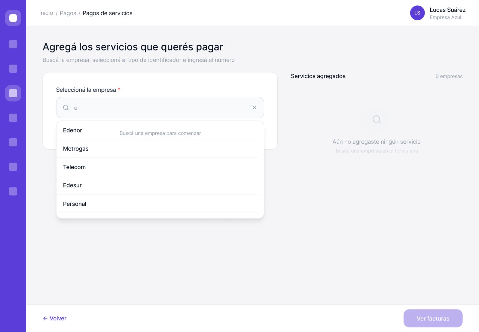 Multi-service search · web · empresa picker open with Edenor, Metrogas, Telecom, Edesur, Personal.