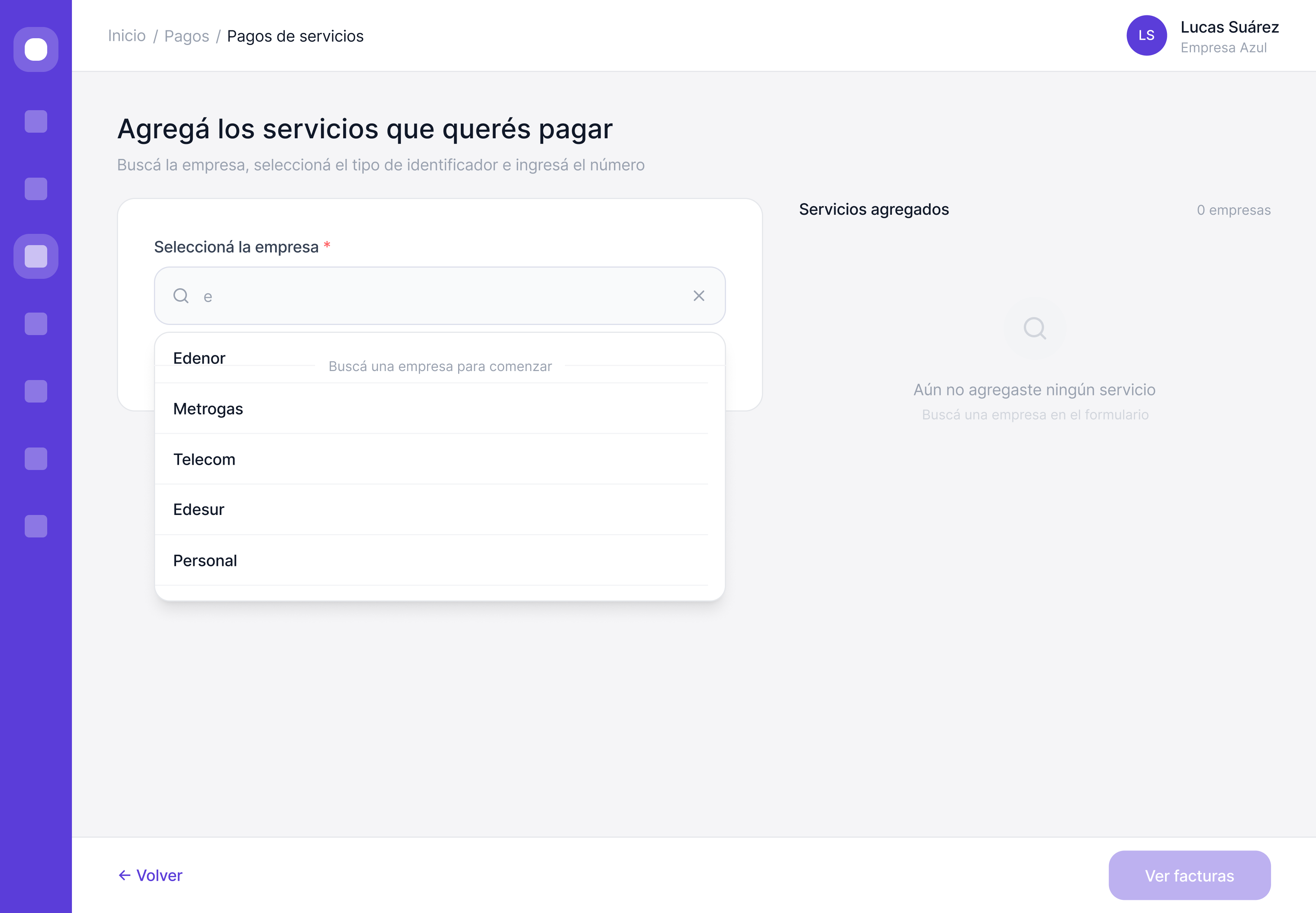 Multi-service search · web · empresa picker open with Edenor, Metrogas, Telecom, Edesur, Personal.
