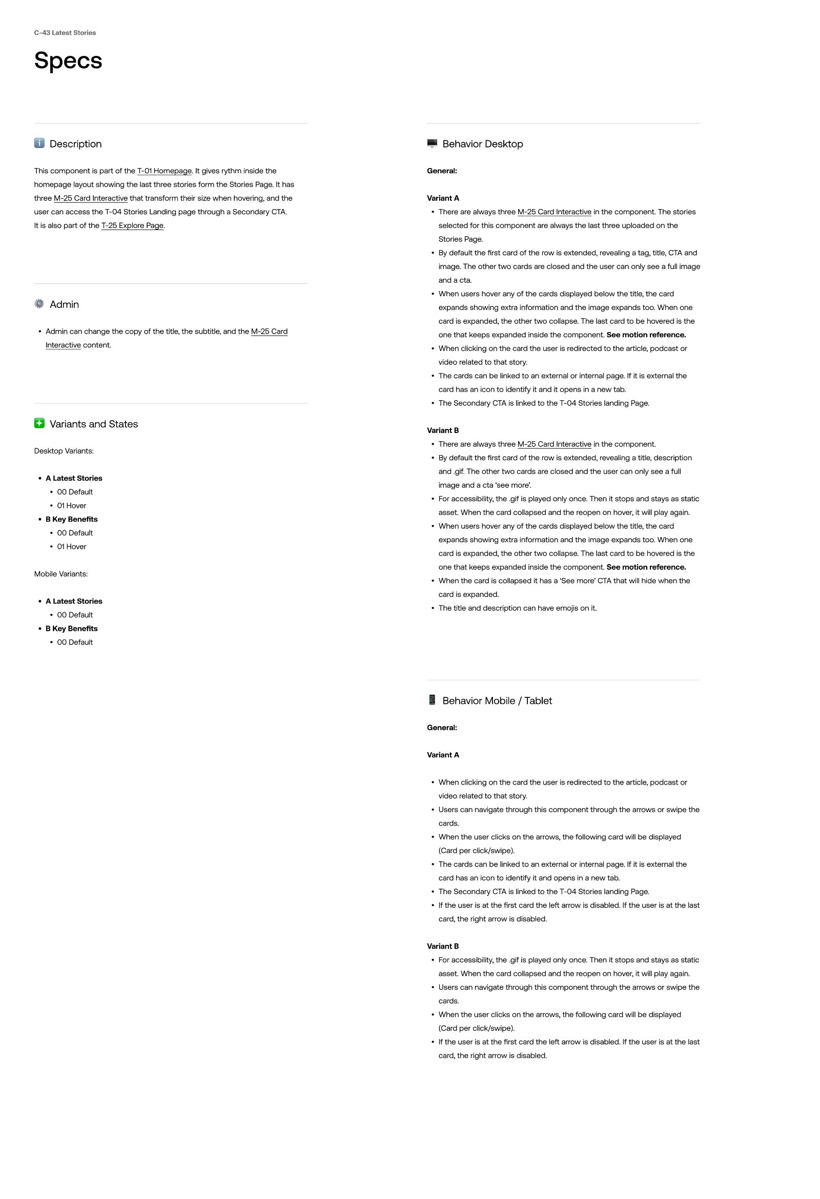 C-43 Latest Stories · Specs page · description, admin permissions, variants & states list, and behavior copy per variant for both desktop and mobile/tablet.