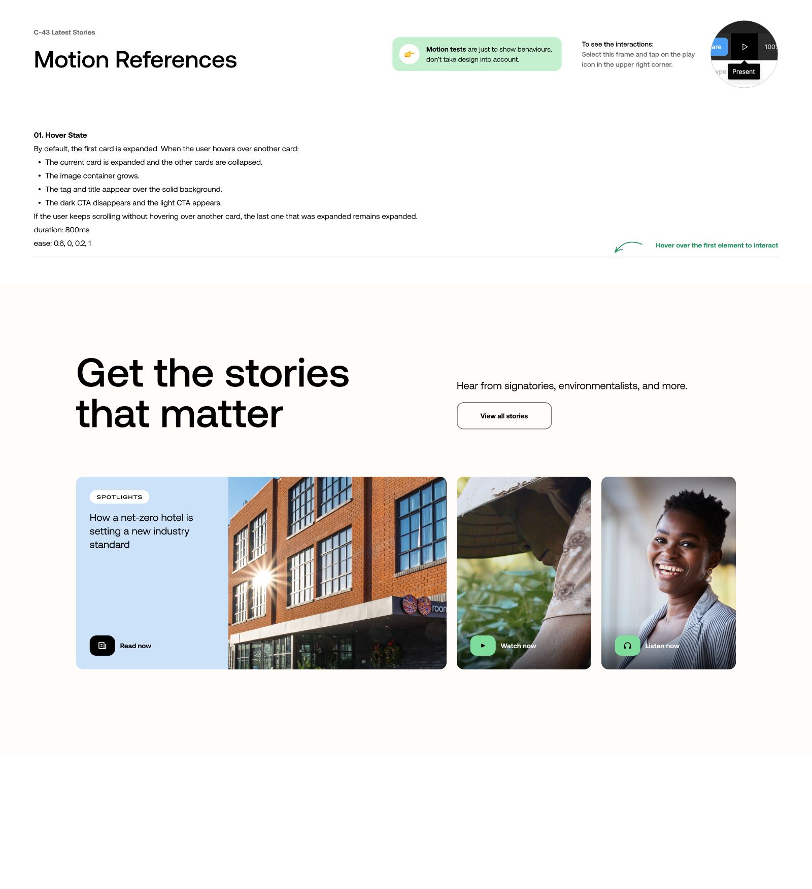 C-43 Latest Stories · Motion references · hover state behavior for the desktop card, with duration and easing values, plus the 'Get the stories that matter' frame in its expanded layout.