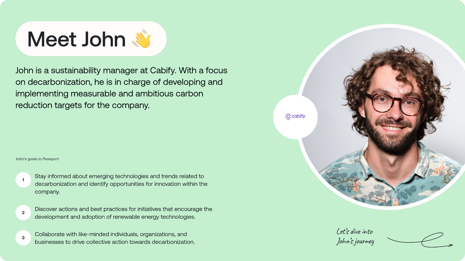 Meet John · sustainability manager at Cabify · persona introduction with three goals on Passport: stay informed about emerging tech, discover best practices, collaborate towards decarbonization.