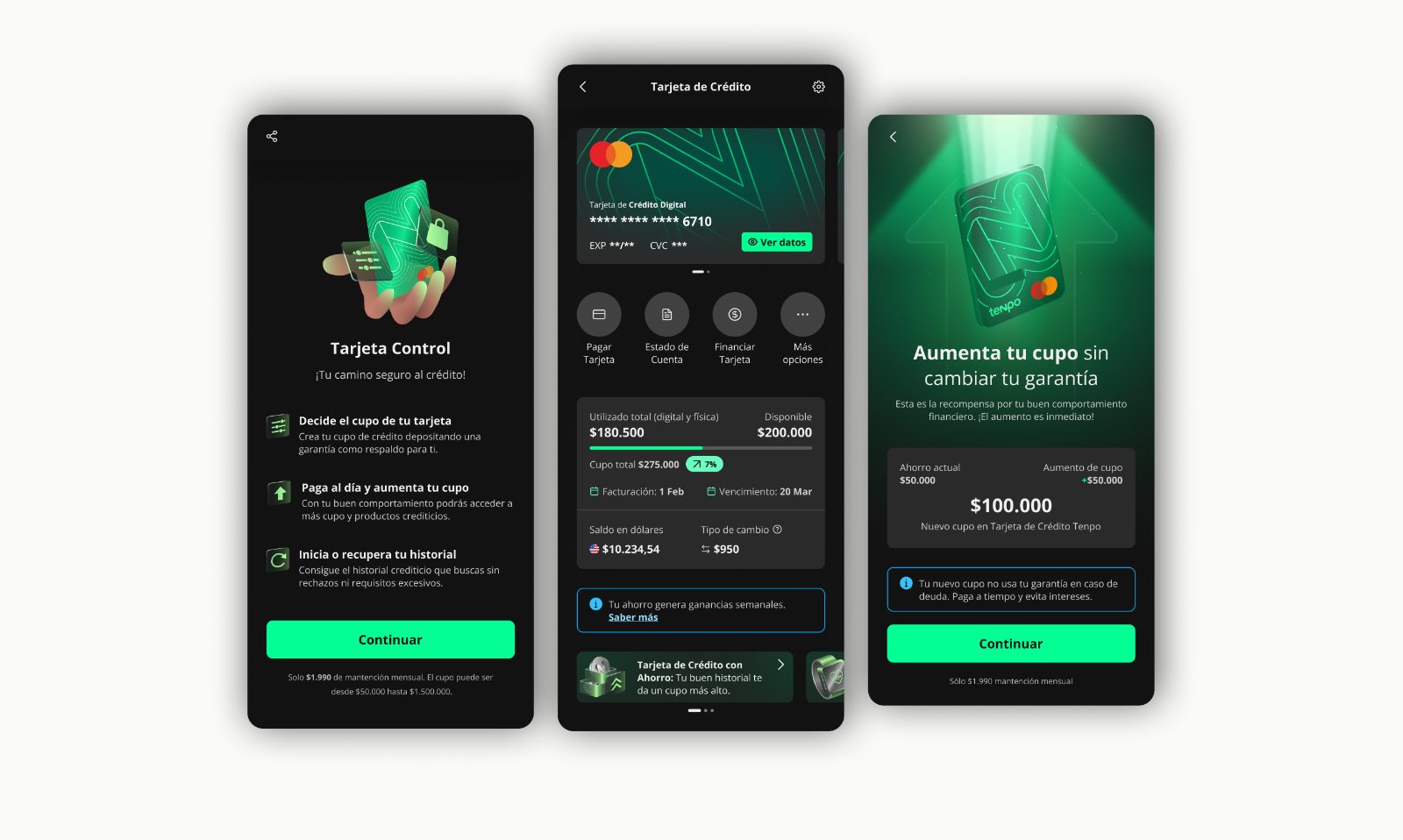 Tarjeta Control · 3 final product mockups
